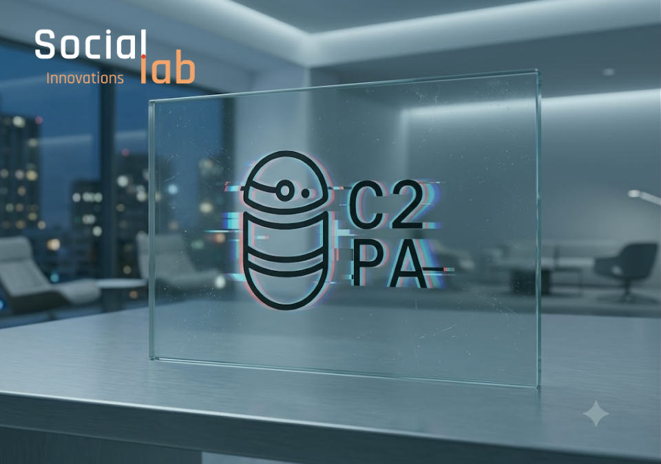 A glass sign on an office desk displaying the C2PA logo alongside the SocialLab logo, representing digital content authentication.