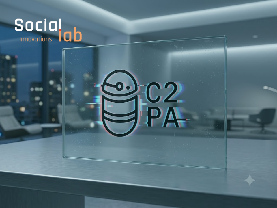 A glass sign on an office desk displaying the C2PA logo alongside the SocialLab logo, representing digital content authentication.