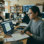 A young female researcher wearing glasses meticulously analyzes network data graphs on her laptop, taking notes in a ledger while working in a busy threat intelligence lab.
