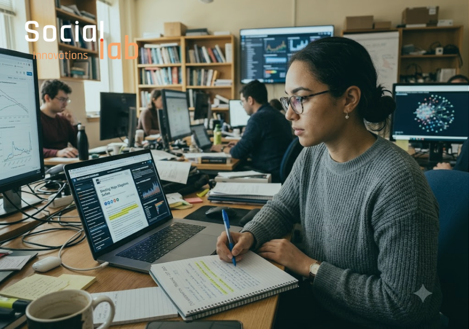 A young female researcher wearing glasses meticulously analyzes network data graphs on her laptop, taking notes in a ledger while working in a busy threat intelligence lab.