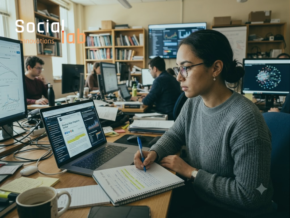 A young female researcher wearing glasses meticulously analyzes network data graphs on her laptop, taking notes in a ledger while working in a busy threat intelligence lab.