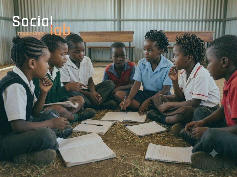 Group of young students, including several girls, sitting together on the floor of a resource-constrained classroom with open notebooks, illustrating the reality of the global digital divide and the need for inclusive educational technology design.