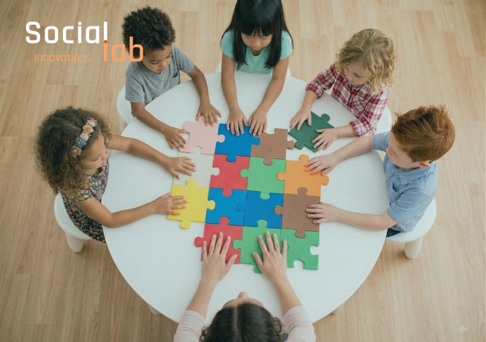 An overhead view of diverse children and an adult collaborating to piece together large, colorful puzzle blocks. This illustrates the collaborative, human-centric design approach for educational AI that is often missing from modern EdTech.