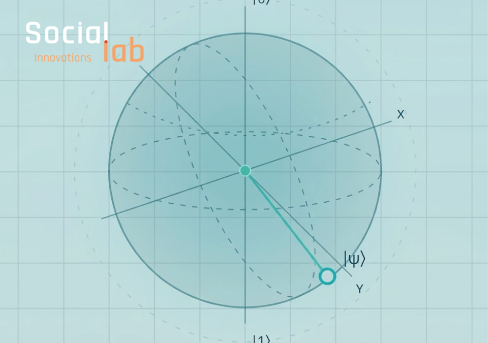 Interactive single-qubit Bloch sphere rendering a quantum state vector $\vert{}\psi\rangle$ on a dark blue technical grid interface for Quantum Atlas.