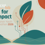 Illustration of a teal leaf and an orange leaf growing from circuit lines above rolling teal hills, with an orange sun in the corner, representing AI for the environment and healthcare.