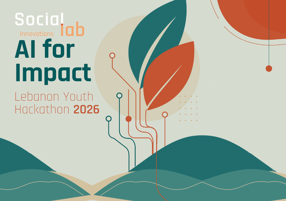 Illustration of a teal leaf and an orange leaf growing from circuit lines above rolling teal hills, with an orange sun in the corner, representing AI for the environment and healthcare.